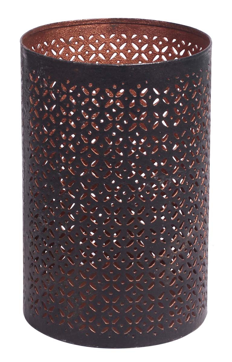 Handmade Tea-Light Candle Holder in Iron - Black & Copper Color Finish - Cylindrical Shaped - Symmetric Cut-Out Patterning - Metal Votive Candle Stands - Table-Top Decorations - Buy in Bulk Wholesale